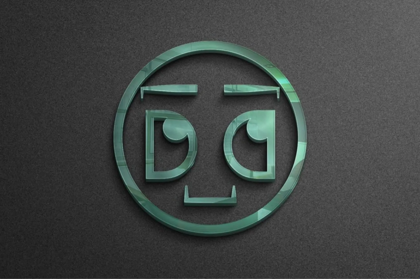 DigiTab DG face logo as a dimensional sign on a dark wall