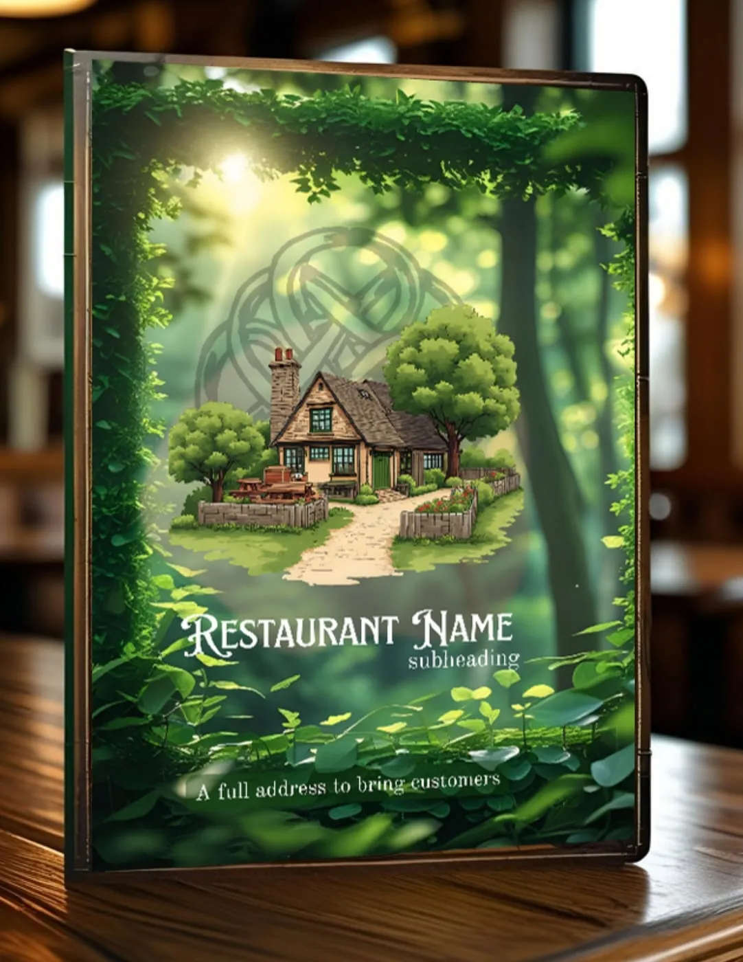 Irish pub menu template cover with a cottage in an enchanted forest
