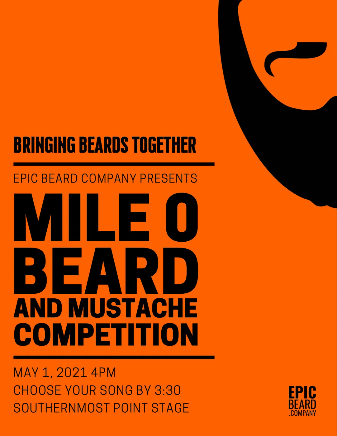 Mile 0 Beard and Mustache Competition poster in orange