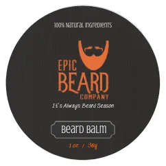 Round Epic Beard balm tin label in charcoal and orange