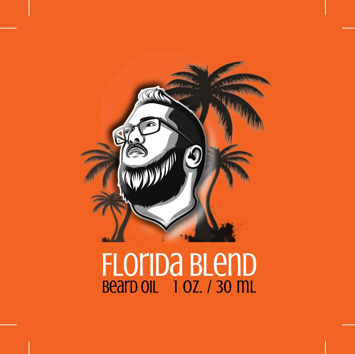 Florida Blend beard oil label on orange with palm trees