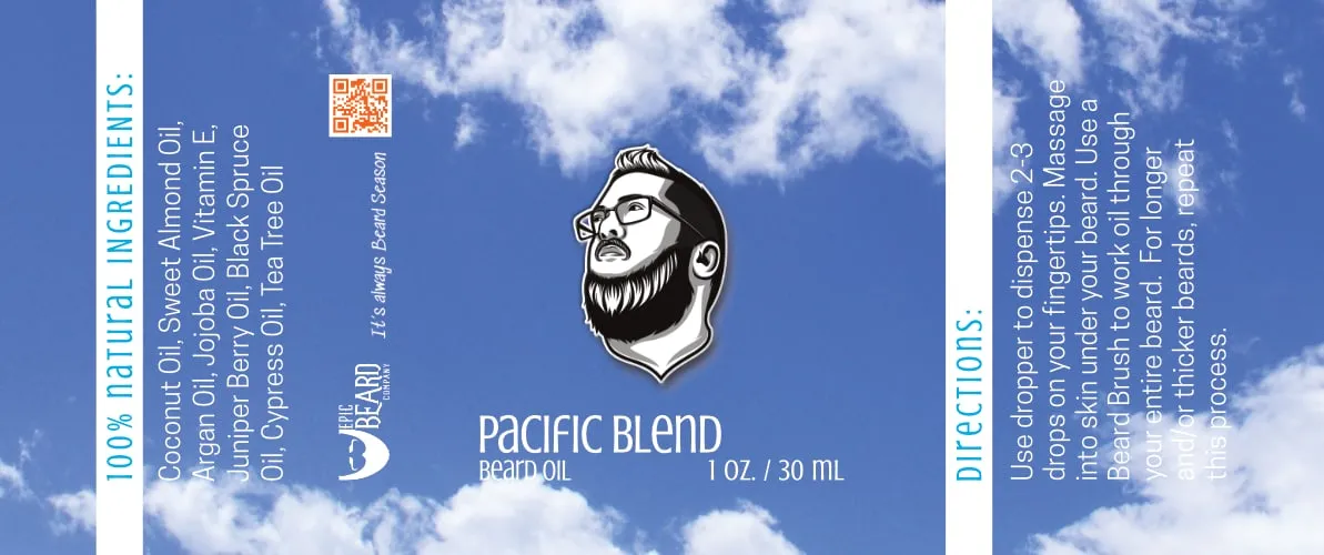 Pacific Blend label with a sky background
