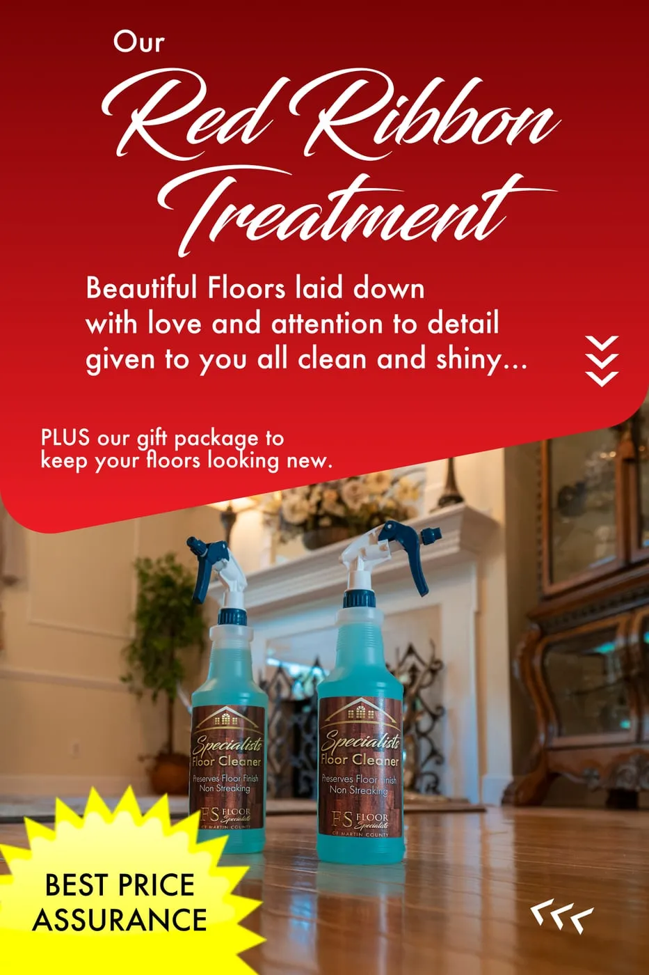 “Red Ribbon Treatment” ad with a cleaning bottle