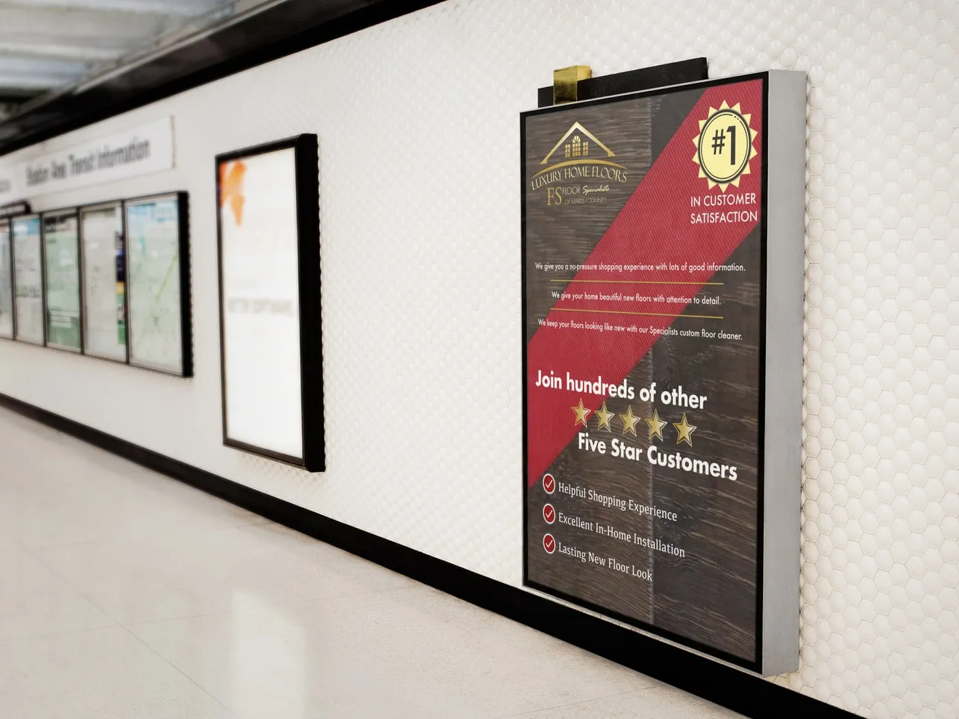 Framed Floor Specialists posters on a gallery wall