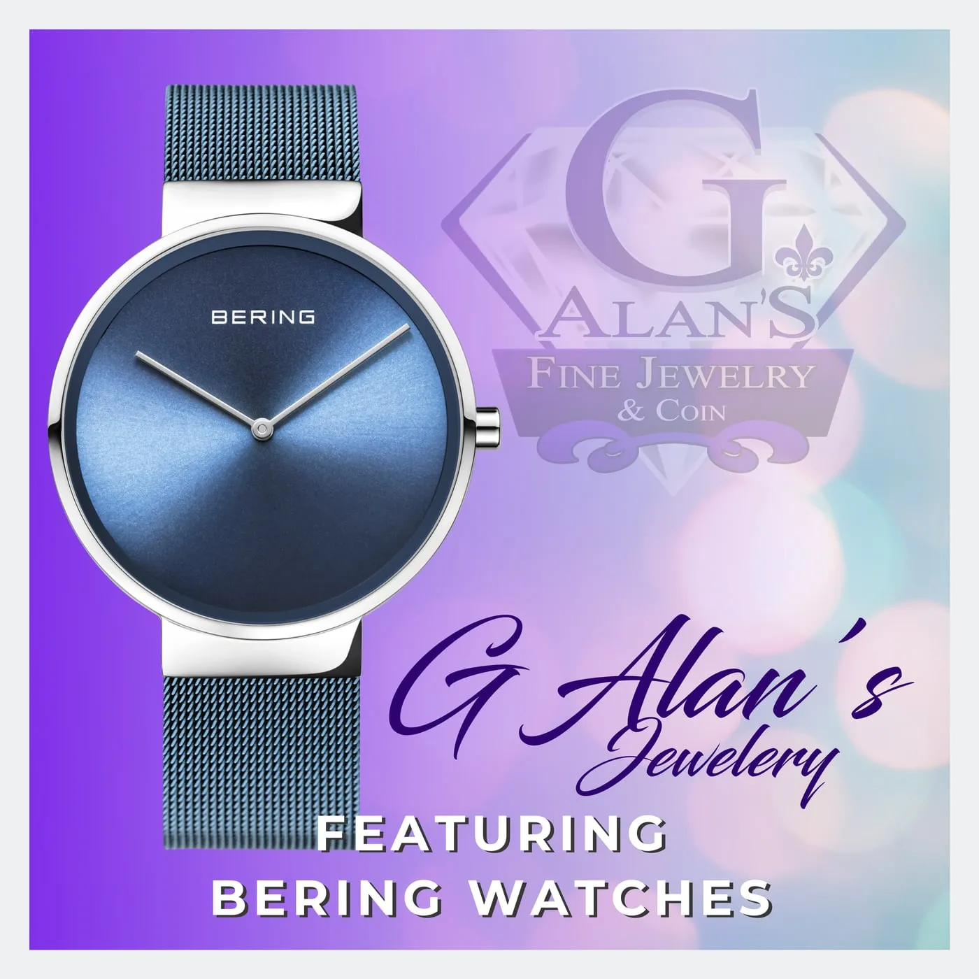 Blue-faced watch over a purple gradient with the G Alan’s script logo
