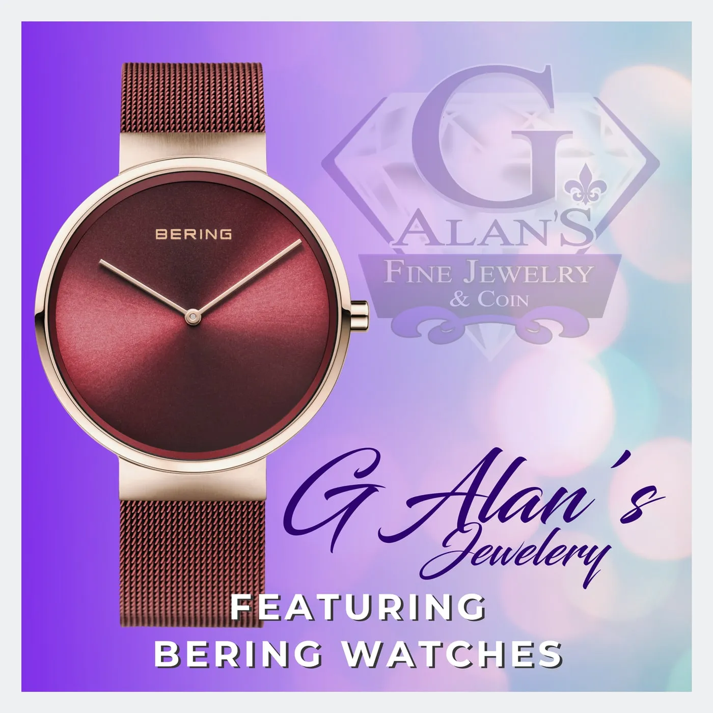 Burgundy watch ad on a purple and pink gradient
