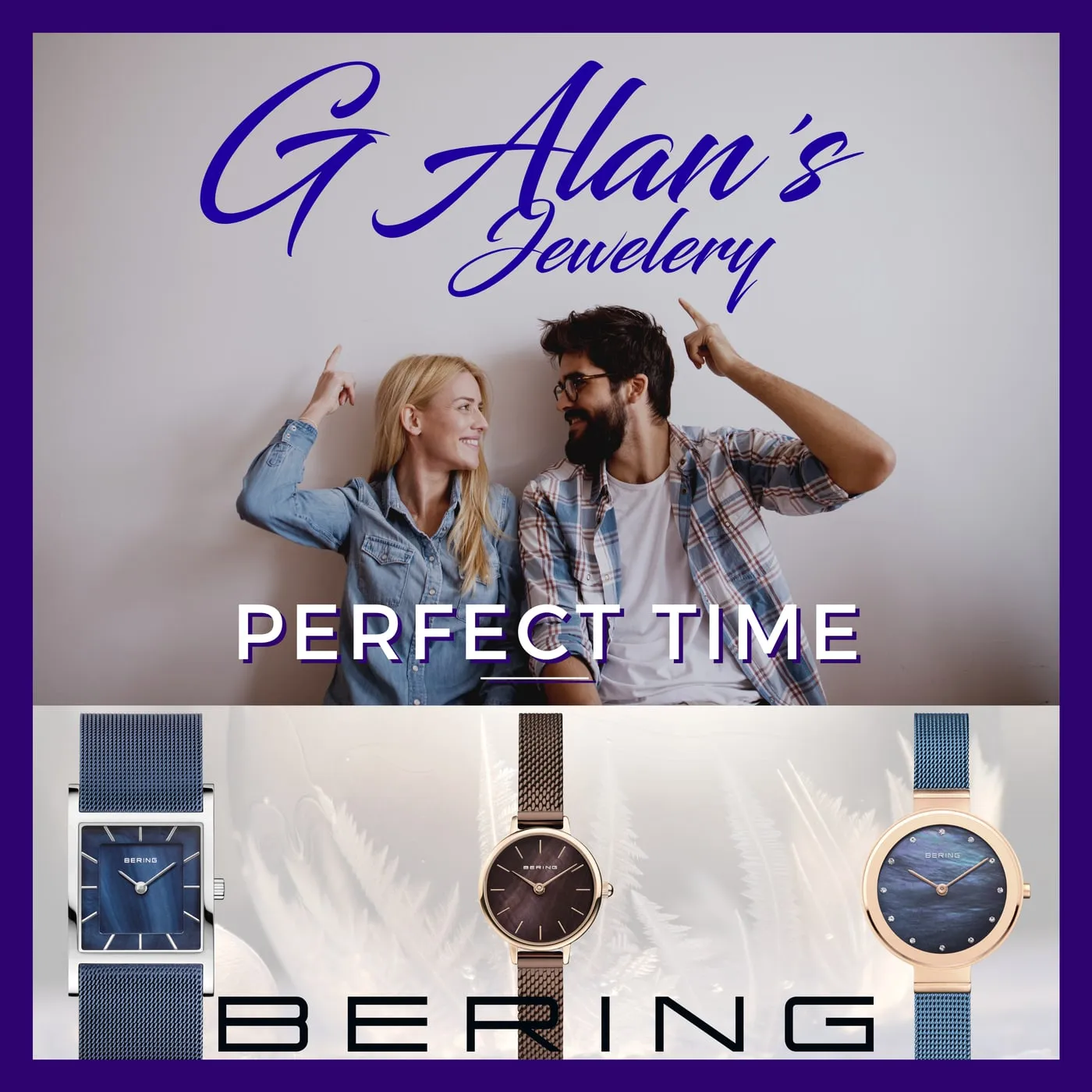 “His and hers” watch ad with a couple photo