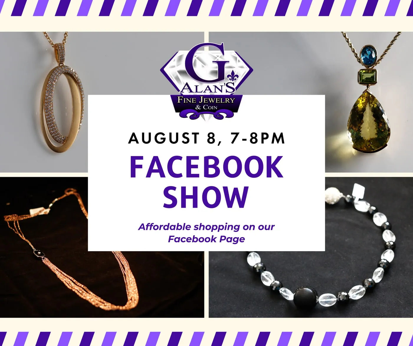 Facebook Show announcement framed by jewelry