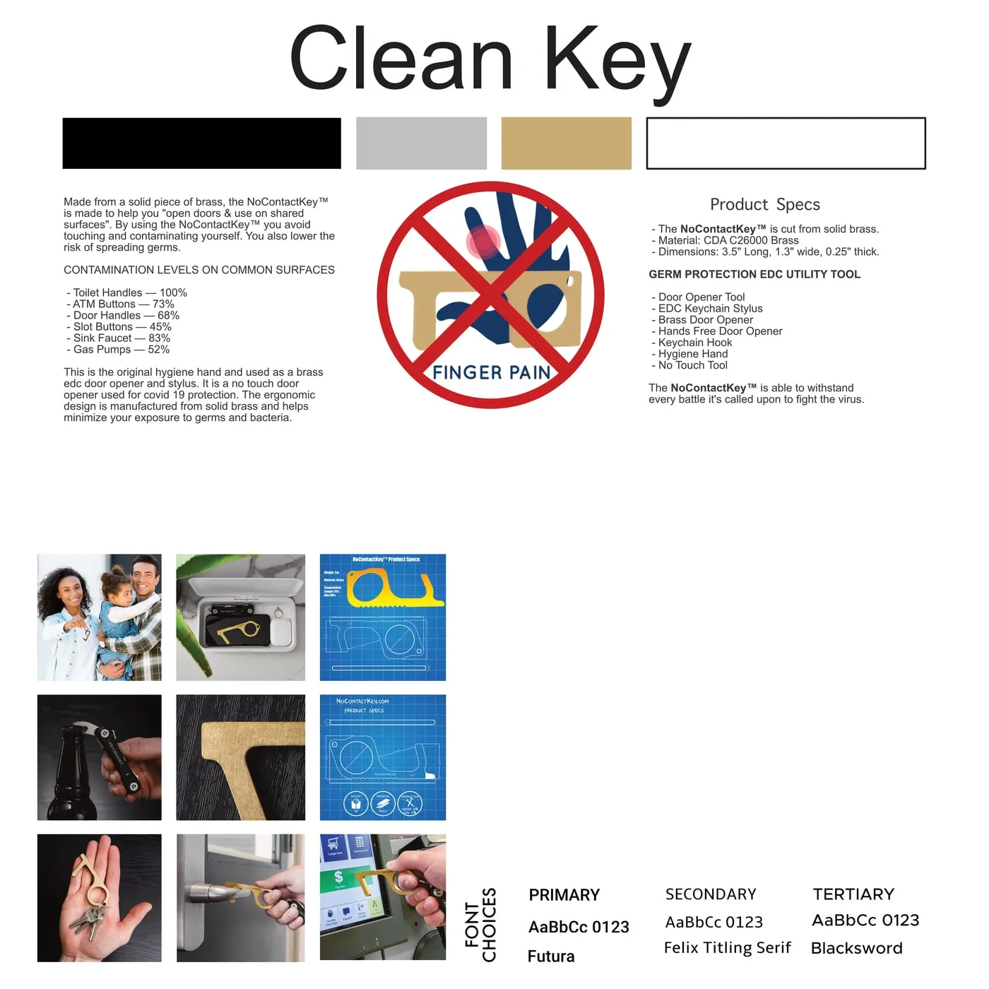 Brand board with palette, product specs, photography and font choices