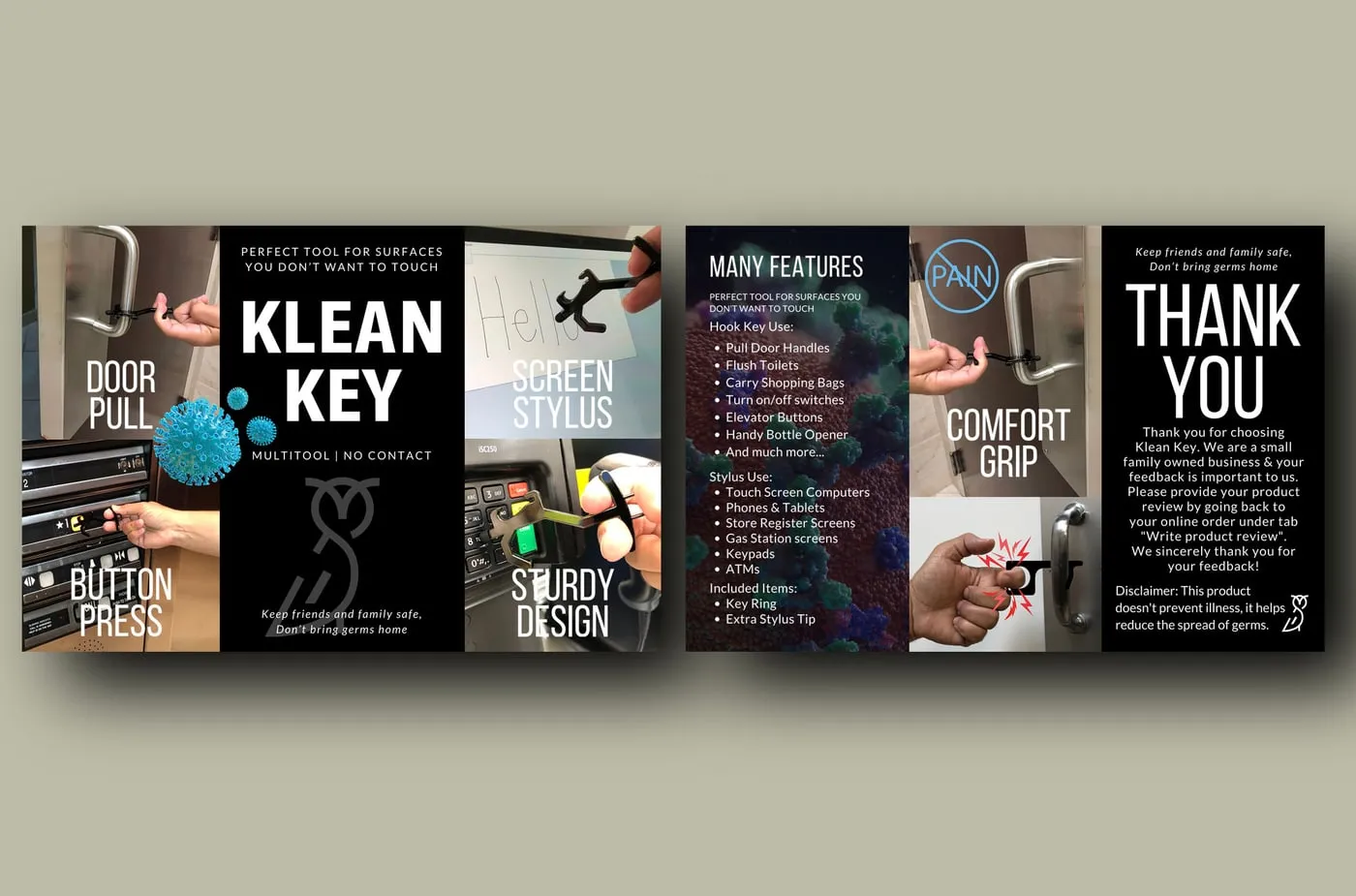 Klean Key tri-fold package insert, front and back