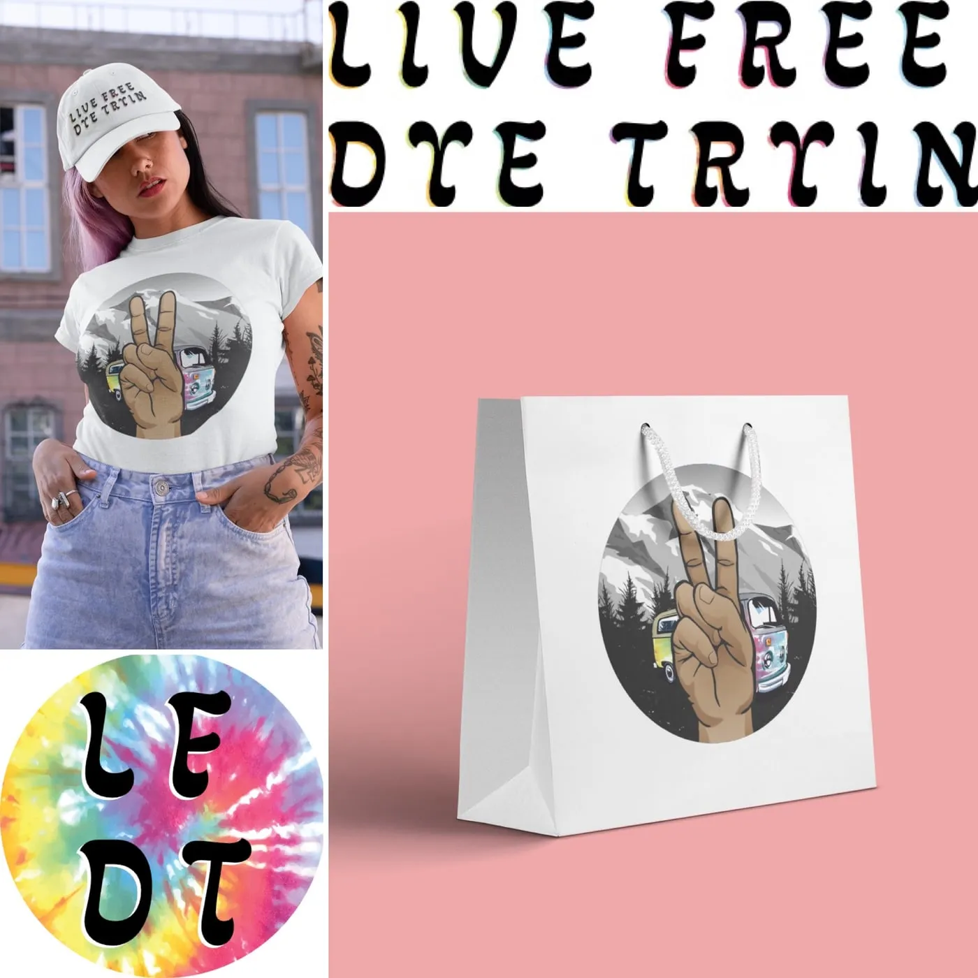 Live Free Dye Tryin logo on apparel and a gift bag