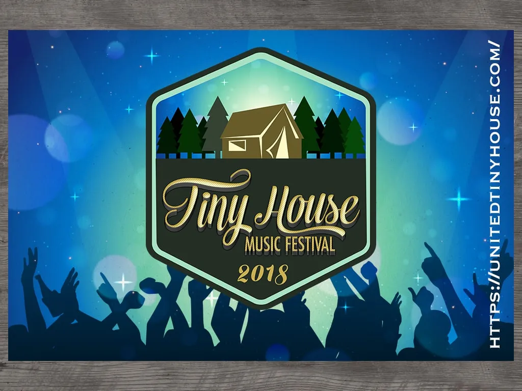 Tiny House Music Festival 2018 badge logo over a crowd silhouette