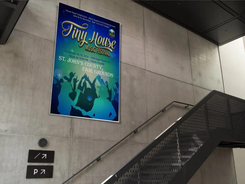 Festival poster hung in a stairwell