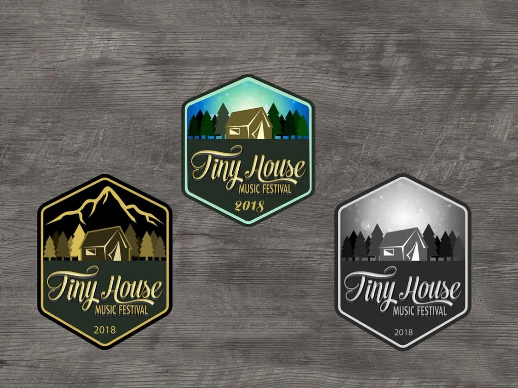 Three color variations of the hexagon festival badge